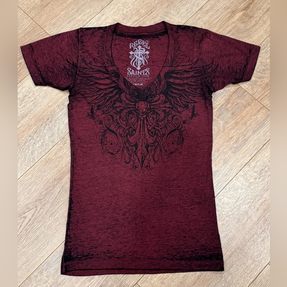 Affliction Women's Short-Sleeve V-Neck Tee - Burgundy with Black Graphic